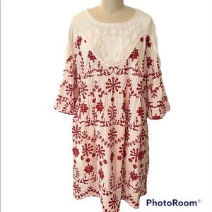 Skies are Blues White Tiered Cotton Mini Dress Eyelet Embroidery Lace LG EUC